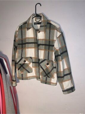ZARA Cream Plaid Lightweight Shacket with Green & Tan Checks